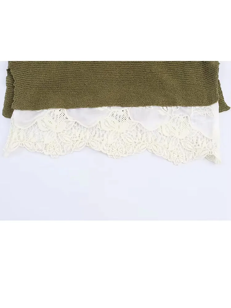 HH Mujer moda de otoño sólido cuello redondo costura manga corta Top de punto Mujer encaje adornado Top Casual suelto Mujer