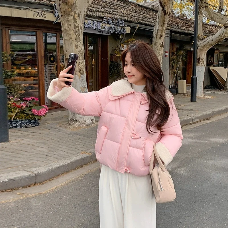 2025 Women Loose Cotton-padded Jacket Sweet Thicken Button up Warm Coat Winter Long Sleeves Casual Parkas Autumn Outerwear