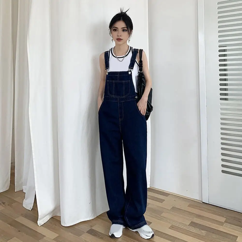 

Women Suspender Jumpsuit Adjsutable Strap High Waist Loose Big Pocket Wide Leg Solid Color Denim Collarless Young Style Overalls