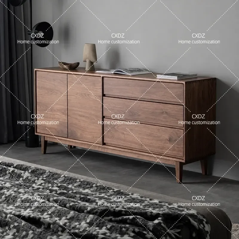 North American Black Walnut Solid Wood Three Drawer Cabinet Simple Japanese Style Retro Storage Sideboard for Living Room