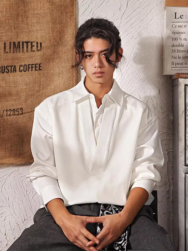 Retro Japanese Style Men's Long Sleeve White Shirt Spring Autumn Loose Fit Design Casual V-Neck Button up Single Piece Coat