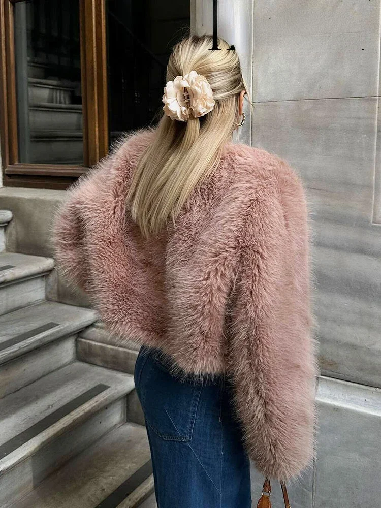 Faux Fur Coat for Women Elegant Pink Jacket Loose Long Sleeve Cardigan Jacket Female Luxury High Street Outerwear