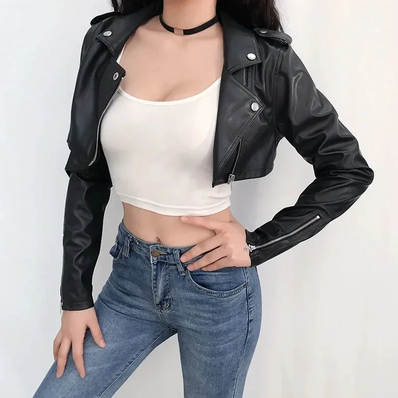 Pop Street Motorcycle Pu Leather Crop Jacket Women Zipper Black Faux Leather Coats Autumn Streetwear Long Sleeve Fall Female Out