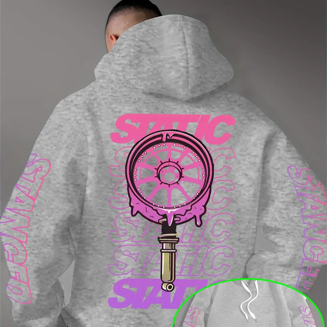 Men'S Casual Stylish Quality Hoodie, Featuring a Pink Gradient Melting Texture with Graphic Prints of Wheels And Shock Absorbers