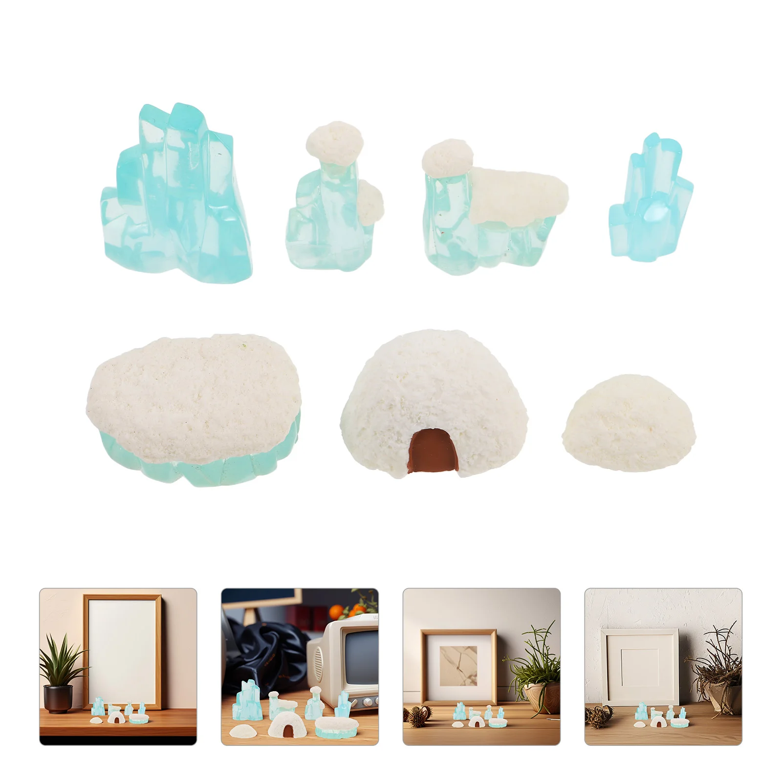 

7pcs Model Set Realistic Snow Scene Diorama Crafts Resin Miniatures Lifelike Ice Houses Polar Figurines