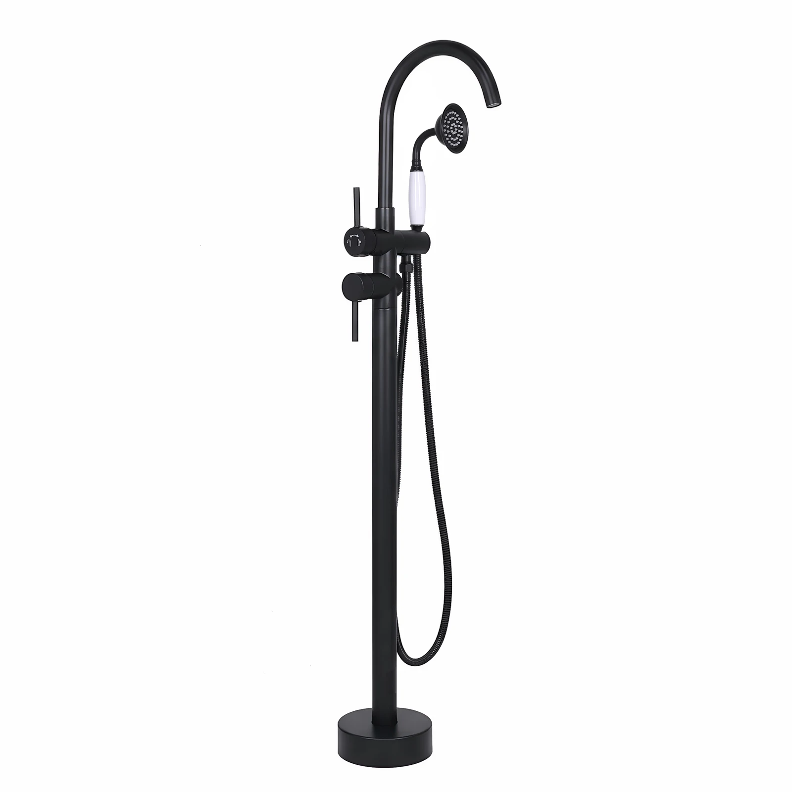 High Flow Rate Floor Mount Tub Filler Leakproof Handheld Spout Roman Tub Filler 360° Rotating 2 Modes Hot & Cold Showers System