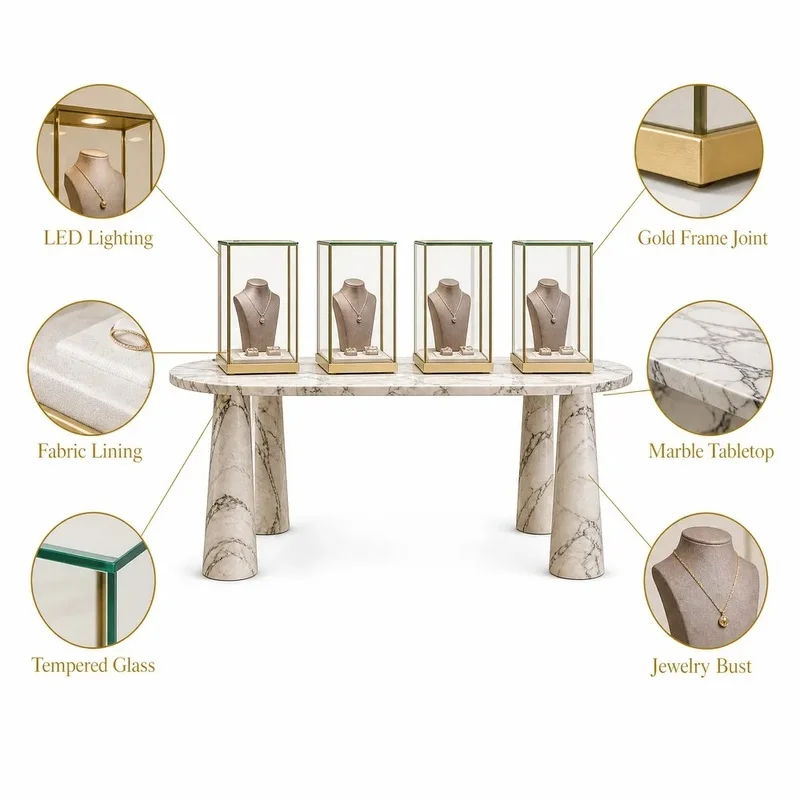 custom.GZowin Oval Jewelry Exhibition Table LED Lighting | Ornate Column Supports Glass Display Cases | Luxury High Quality Dura