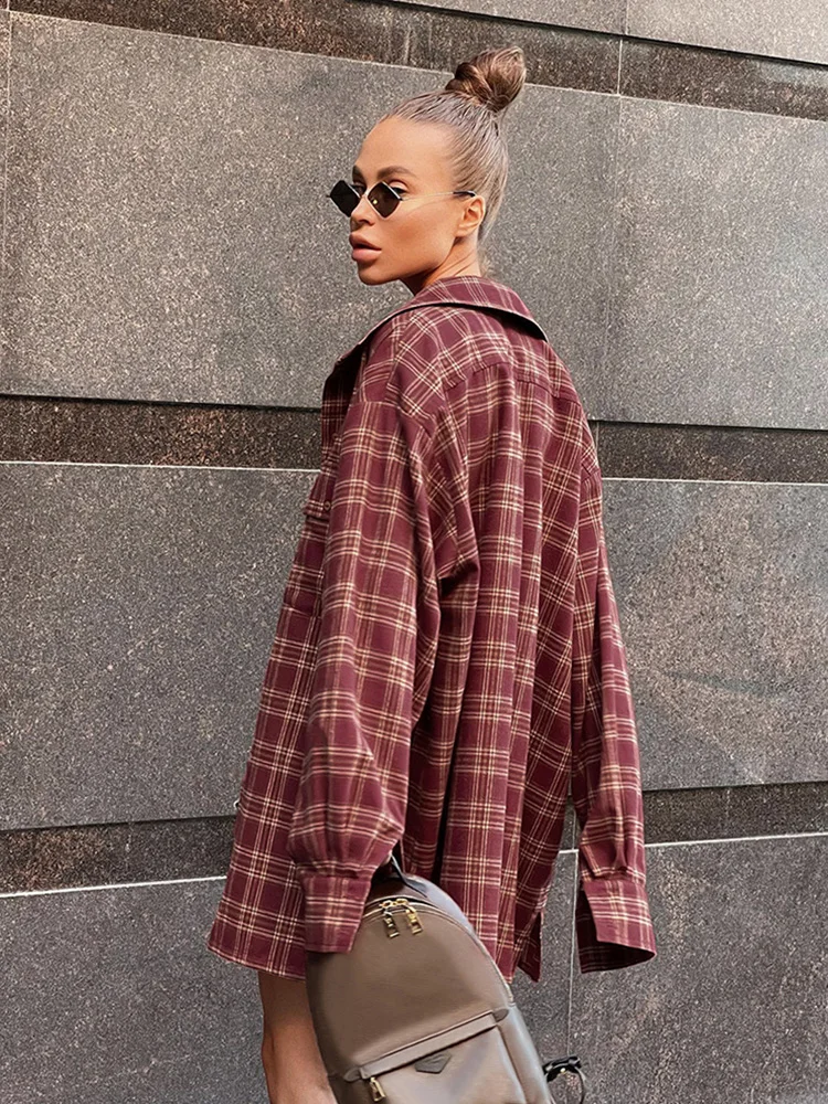 2022 Autumn Winter Women Vintage Thick Long Sleeve Ladies Tops Loose Fit Oversized Plaid Blouse Shirt For Women