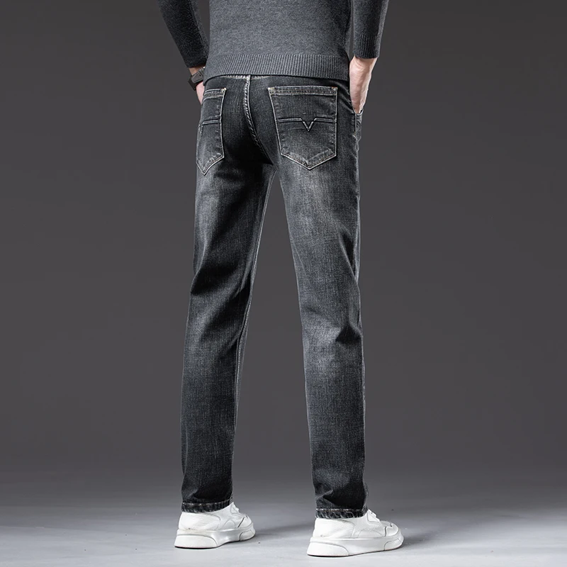 Autumn Men\'s Business Straight Fit Jeans Vintage Blue Smoke Gray Stretch Trousers Soft Comfortable Fabric Denim Pants Male