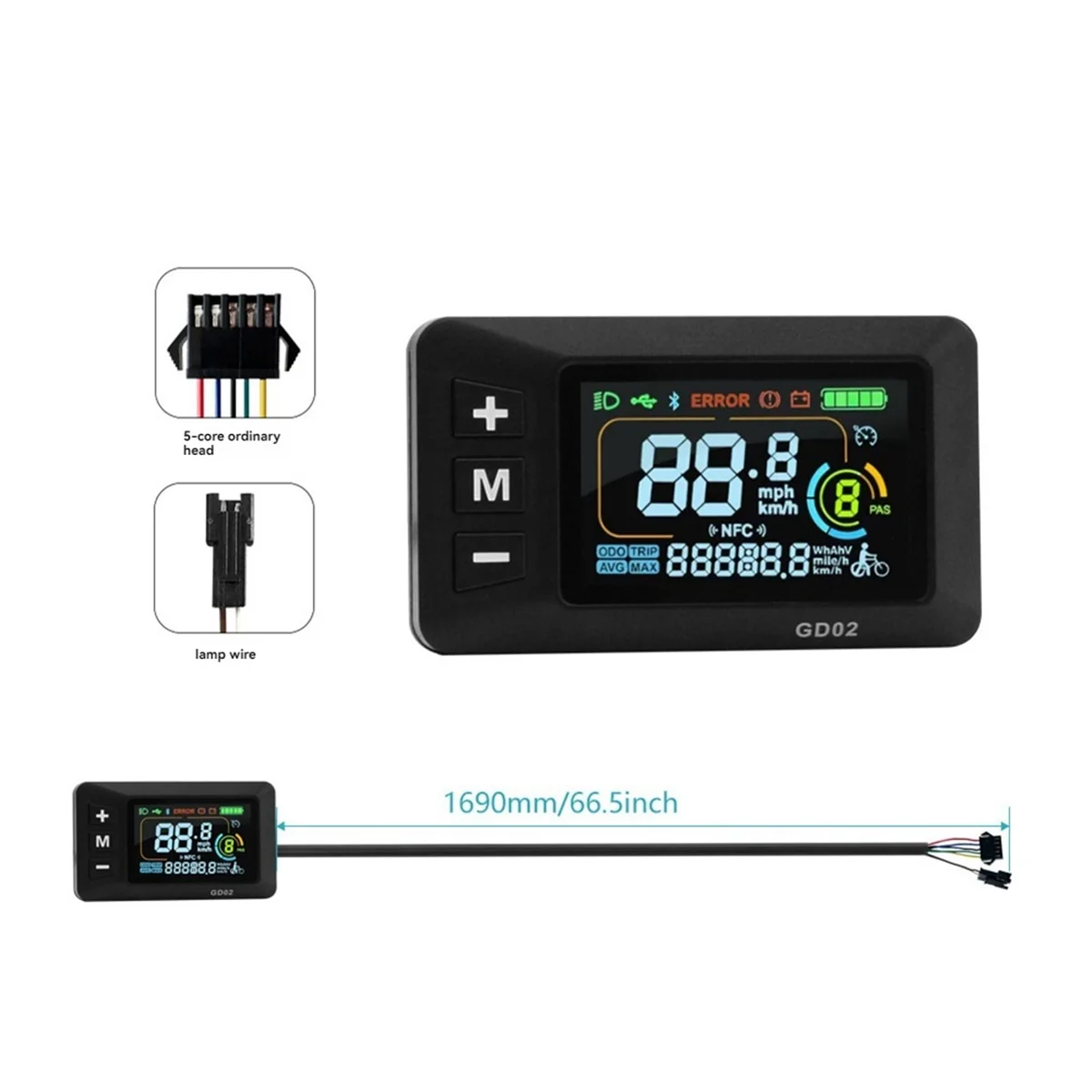 LCD-GD02 Электрический велосипед ЖК-дисплей Метр приборной панели Панель дисплея 24 В 36 В 48 В 52 В 60 В для электрического скутера SM5 + 2PIN