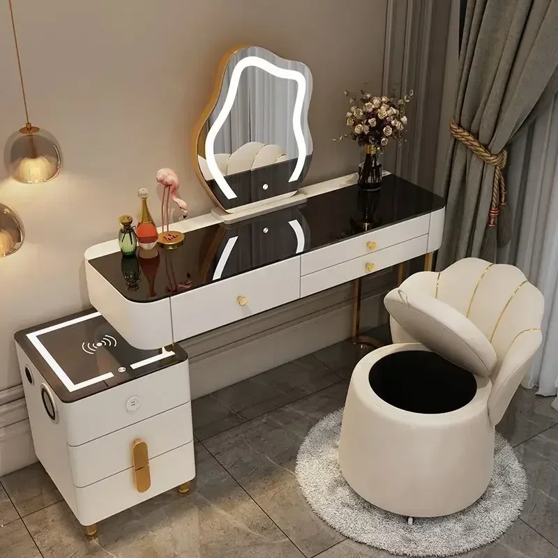 Nordic Glass Luxury Dressing Table with Smart Wireless Charging Bedroom Vanity Nightstand Makeup Table with Cloud Mirror Dresser