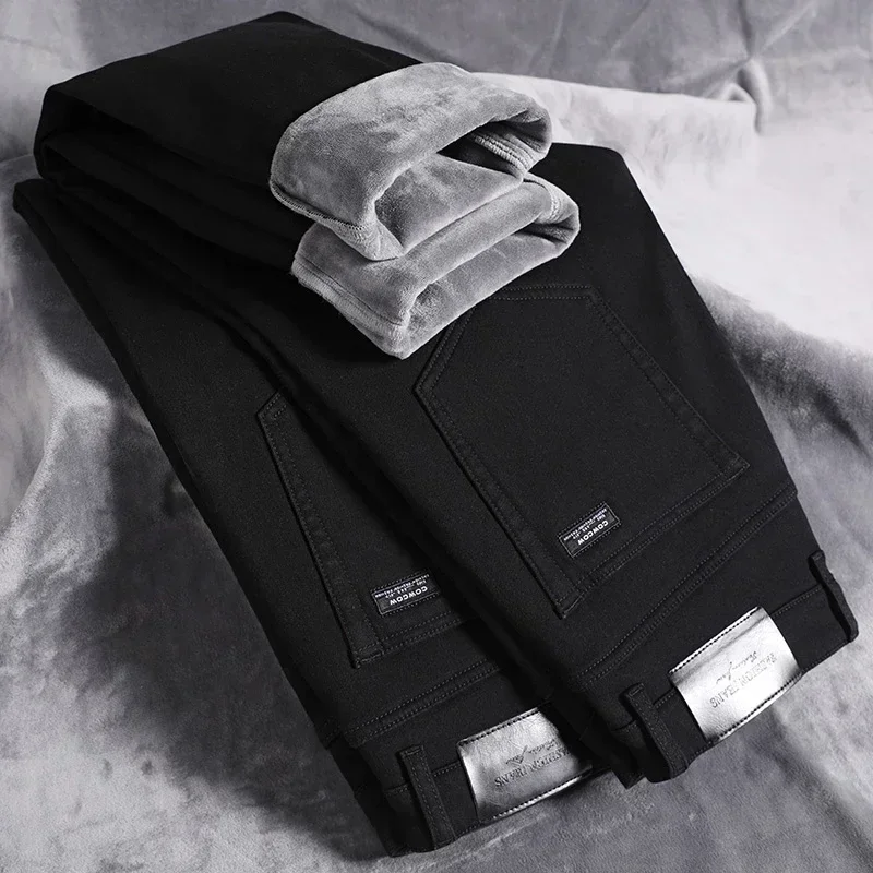 Men's Winter Fleece Jeans Classic Black Elastic Thickened Warm Slim Straight Denim Pants Versatile Fashion Casual Brand Trousers