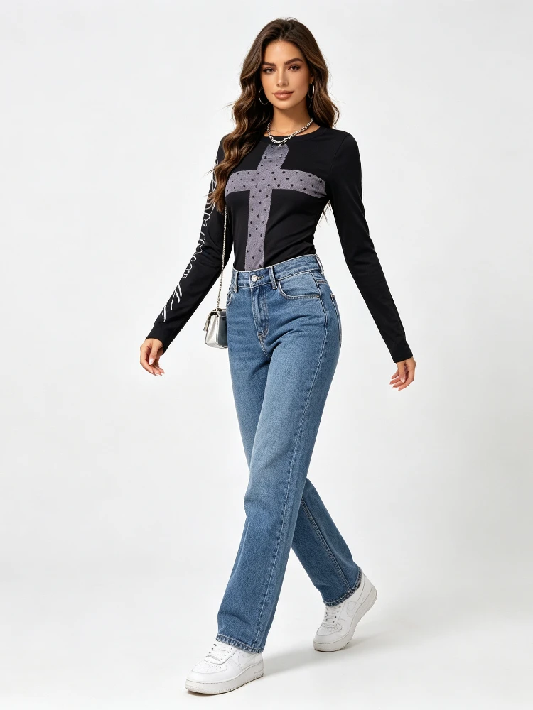 White Rhinestone Cross Long Sleeve Tee Women Arm Script Letter Print Slim Gothic Y2K Grunge Streetwear Top