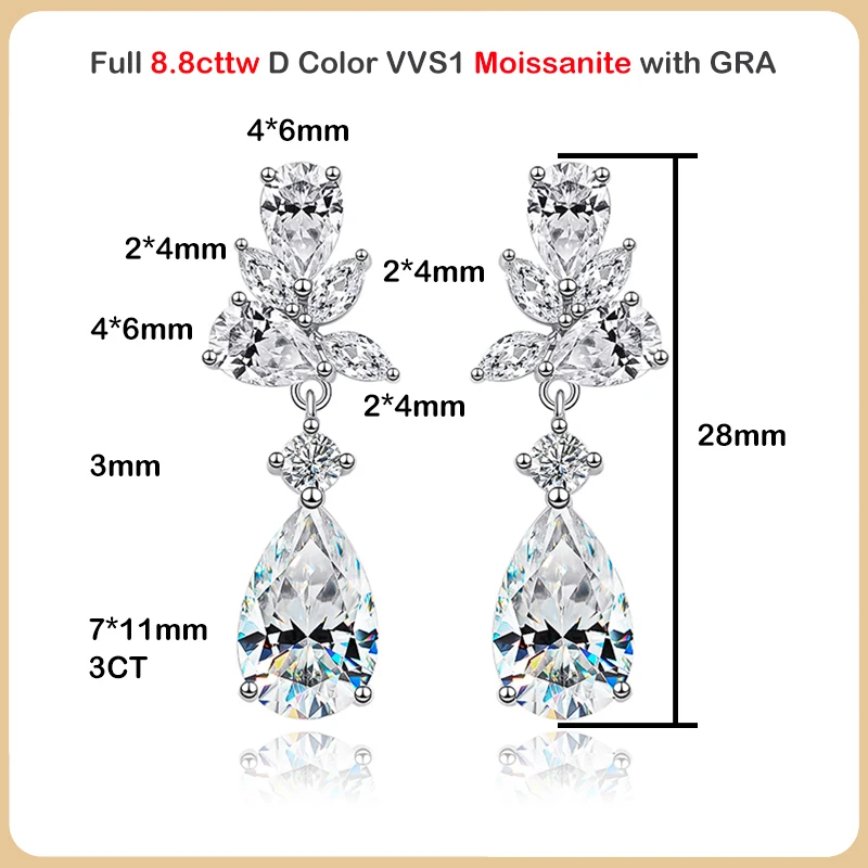 EWYA Luxury D Color 8.8cttw Full Moissanite orecchino a goccia per le donne S925 argento lungo nappa ciondola orecchini con diamanti taglio Marquise