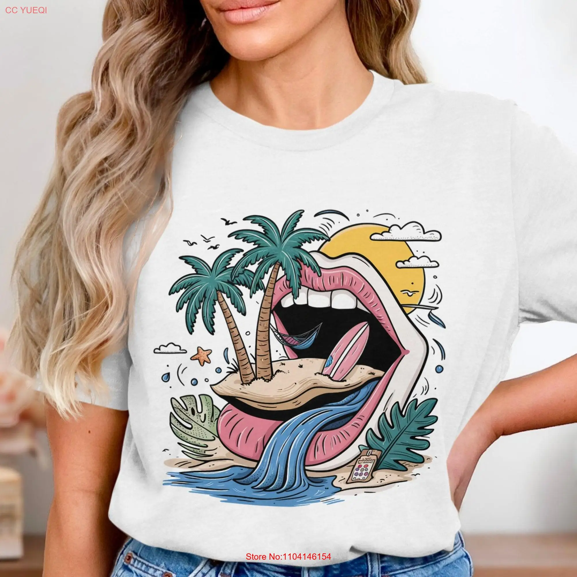 Retro Beach Illustration T Shirt Vintage Surf Art Tropical Paradise Classic Summer Vibes Unique Vacation Wear