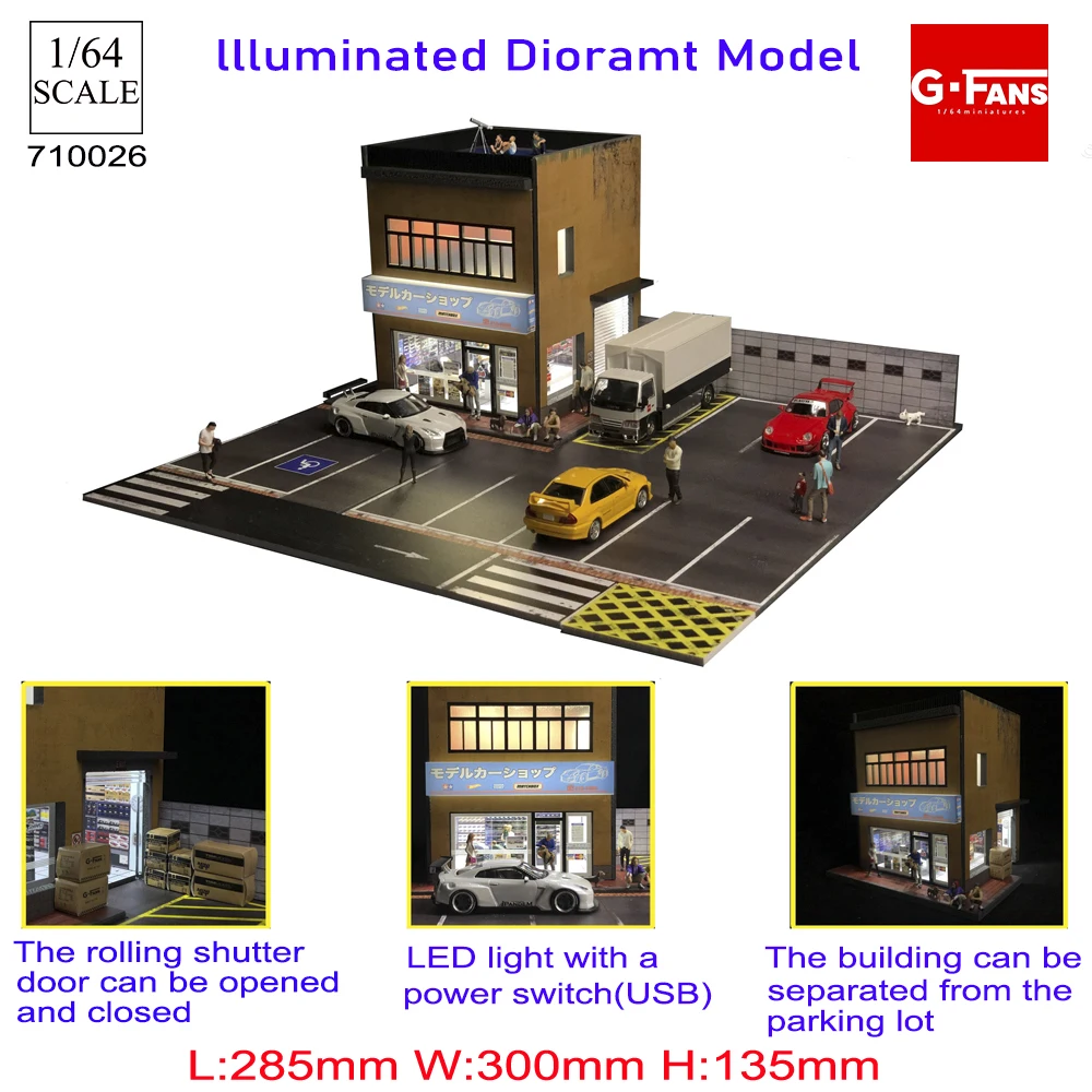 G FANS 1/64 Car Garage Parking Diorama Models Building Led Scene Car Models with Lights Car Garage Diorama Figure Figures Models