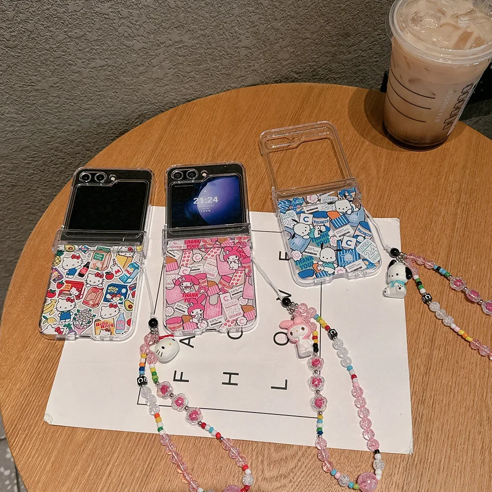 Snack Hello Kitty With Lanyardd Phone Case for Samsung Galaxy Z Flip 3 4 5 Z Flip 6 5G PC Hard Anti-fall Back Cover Gift