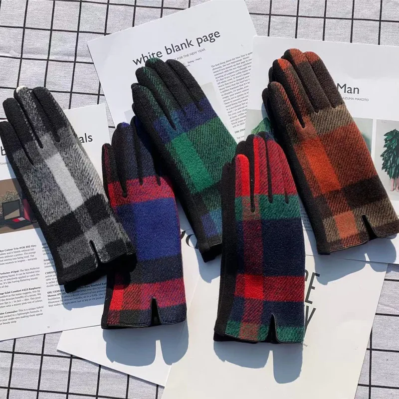 New Women Winter Woollen Fabrics Keep Warm Touch Screen Plaid Gloves Soft Fashion Elegant Drive Cycling Coldproof Not Bloated