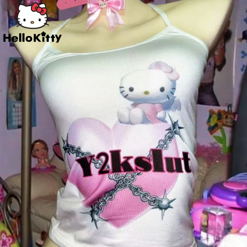 Sanrio Hello Kitty New Punk Style Tank Tops Y2k Millennium Girl Harajuku Vest Cartoon Sling Fashion Slim Suspenders For Women