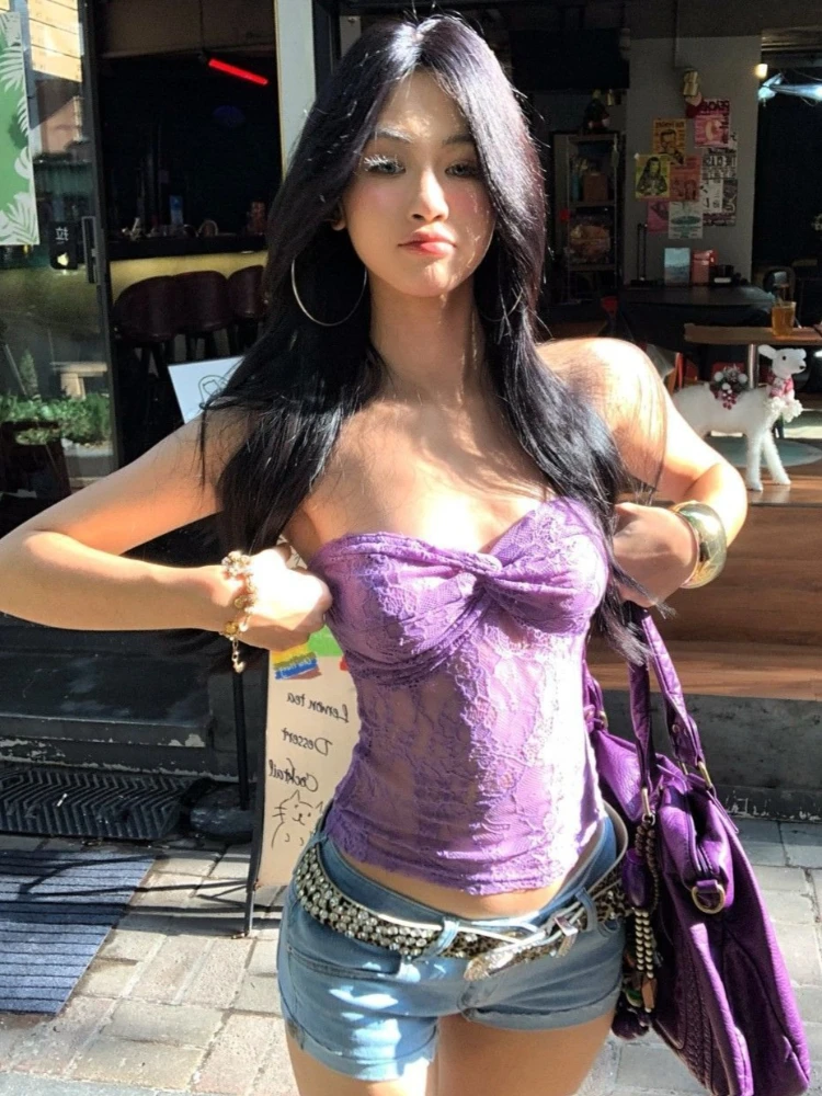 Streetwear Lace Flower Sexy Strapless Vest Women Y2k Aesthetic Bodycon Top Harajuku Grunge Vintage Pleated Camisole