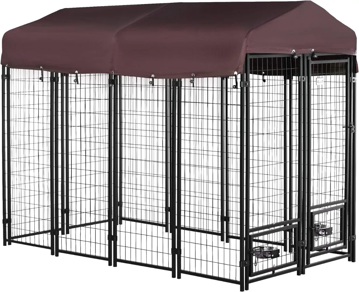 8' x 4' x 6' Outdoor Dog Kennel with Rotating Bowl Holders Walk-in Pet Playpen Welded Wire Steel with Water and UV-Resistant