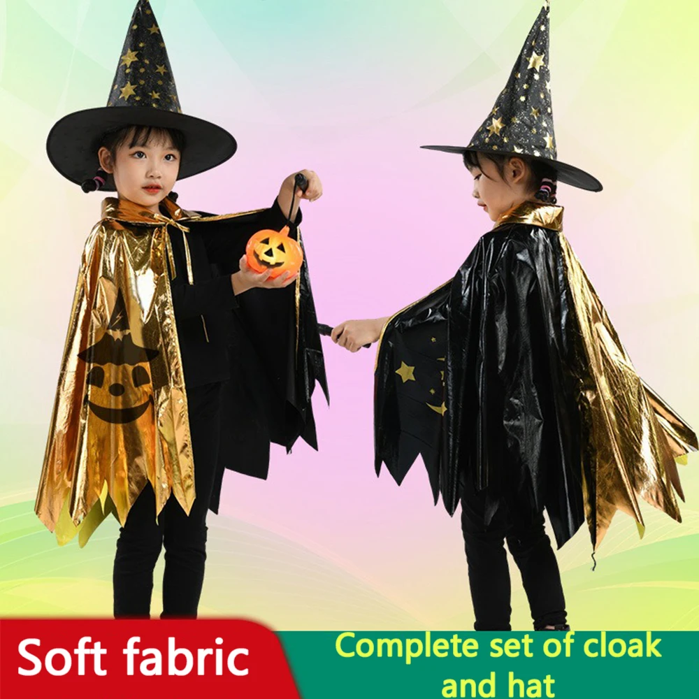 Mantelle lucide stile Halloween della piccola strega per ragazze di 3-14 anni Costume cosplay per dolcetti o scherzetto con sacchetto di caramelle di zucca
