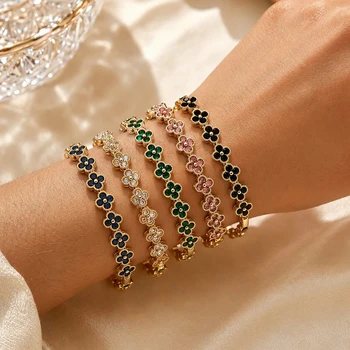 Colorful Zircon Lucky Four-Leaf Flower Bracelet for Women Flower CZ Stone Gold Plated…