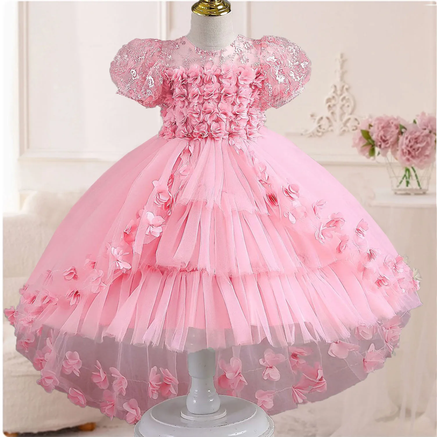 Vestido de dama de honor de boda para niñas pequeñas, vestido de dama de honor con flores 3D, vestido de fiesta de cumpleaños, desfile, vestido de Hi-Lo, AT122