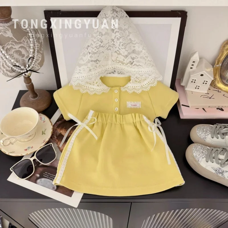 

Girls2025Spring and Summer New Western Style Lace Decor Hat Cheese Yellow Short Sleeve➕Skirt Suit Summer Fashion