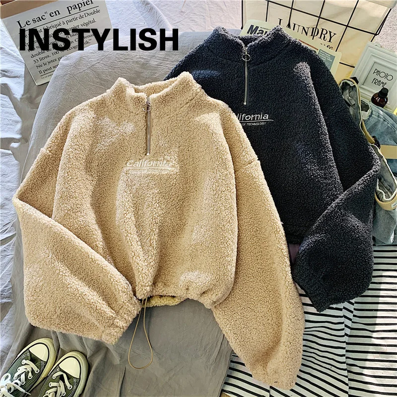 Vrouwen Stand Hals Fleece Cropped Hoodies Herfst Brief Borduurwerk Lange Mouwen Koord Sweatshirt Elegante Pluche Fluwelen Tops