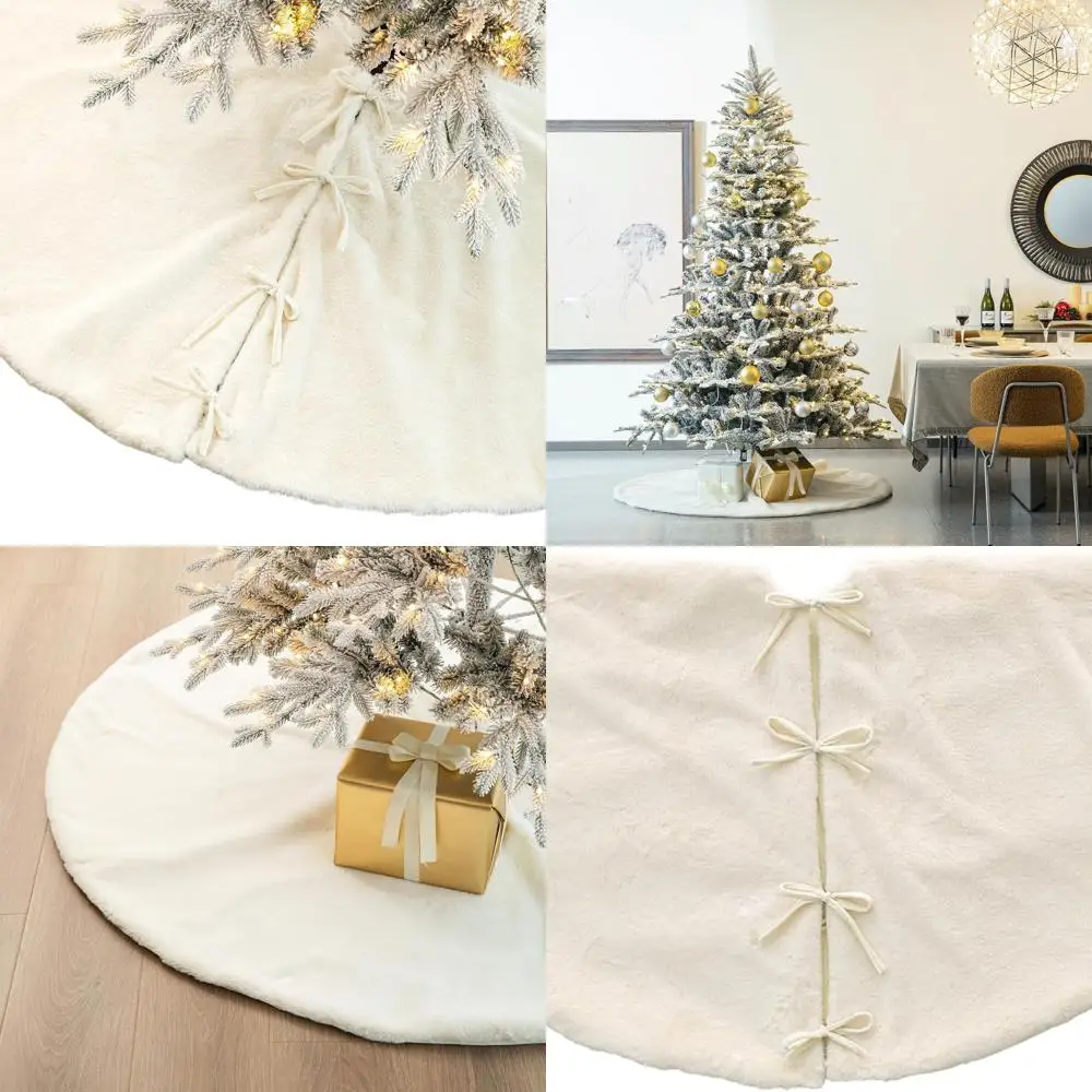 

Large White Oversized Christmas Tree Skirt with Faux Rabbit Fur for Rustic Holiday Home Decor