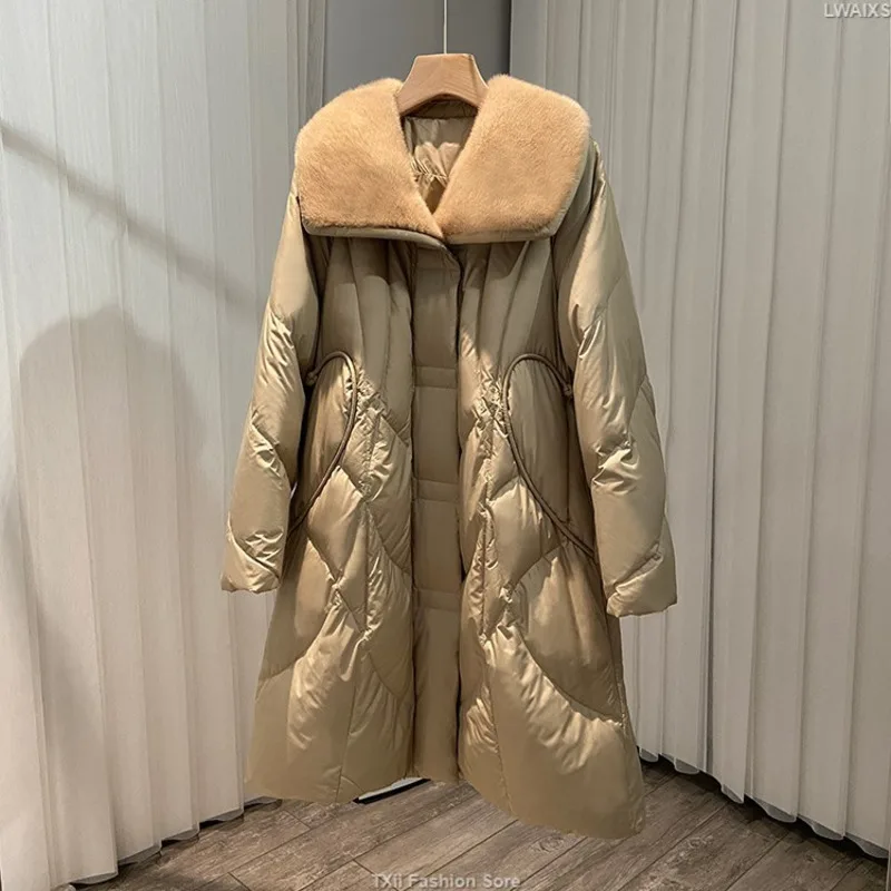 Luxury Slim Long Down Parkas Women Real Mink Fur Collar Hooded Coats Winter Thick Warm White Goose Down Jackets Lady Outerwear