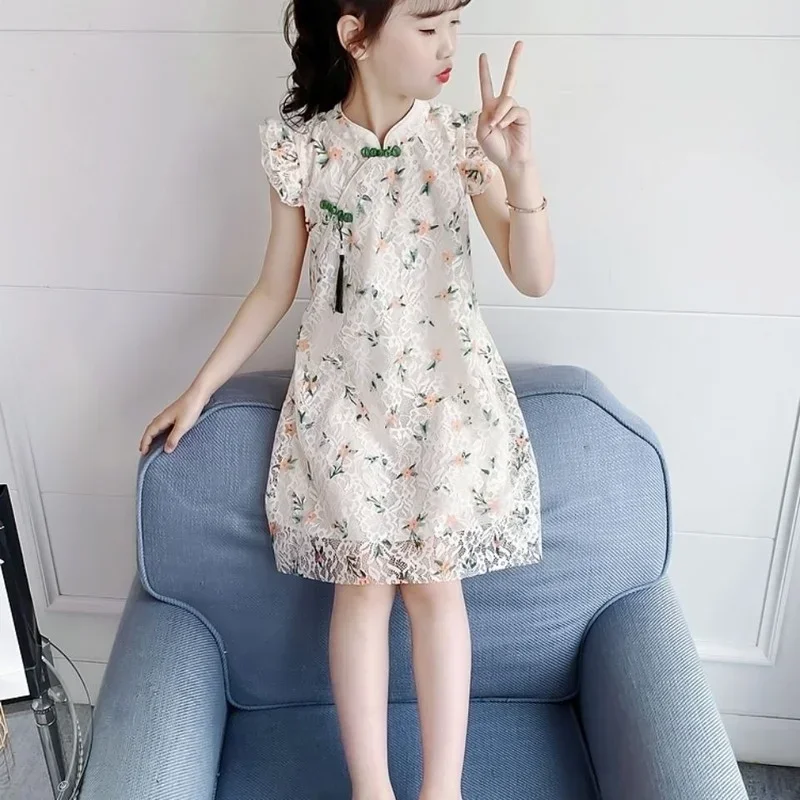 

Girls Cheongsam Dress 2025 New Summer Retro Dress Ethnic Style Hanfu Children's Exquisite Embroidery Pattern Princess Dresses 12