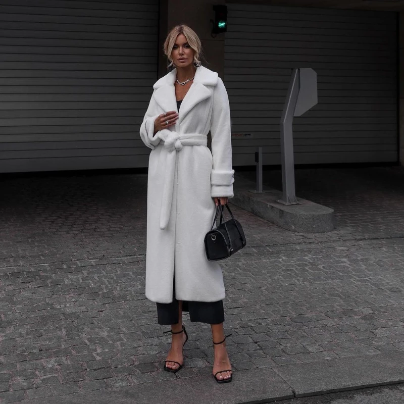 Winter Luxury High-end Long Fur Coat Women Belt Faux Fur Trench Coat Fluffy Furry Soft Warm Thick Fur Outerwear Design Coats