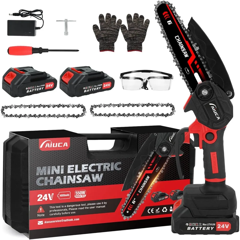 

6-Inch Mini Chainsaw, Cordless Handheld Electric Chainsaw with 2x 24V 4000mAh Batteries & 2 Chains, Lightweight & Portable