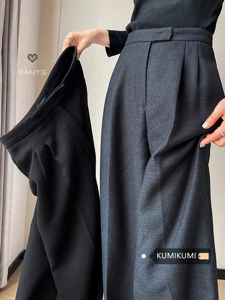 

Woolen Casual Pants Wide Leg Pants For Women 2024 Winter With Thick Velvet And High Waisted Straight Leg pants