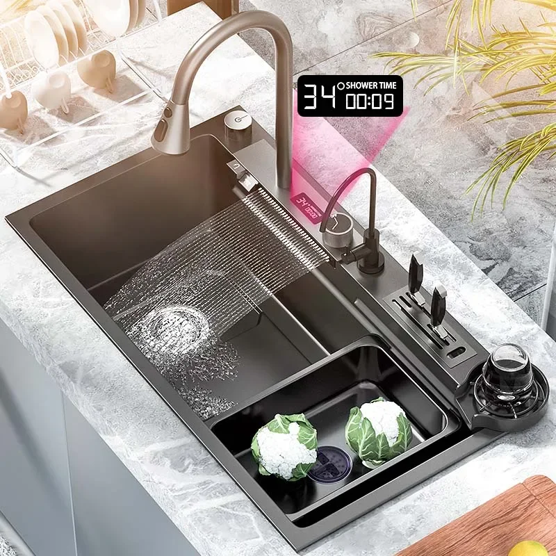 

Kitchen Sink 304 Stainless Steel Waterfall Sink Digital Display Large Single Bow With Multifunction Touch Waterfall Fauce