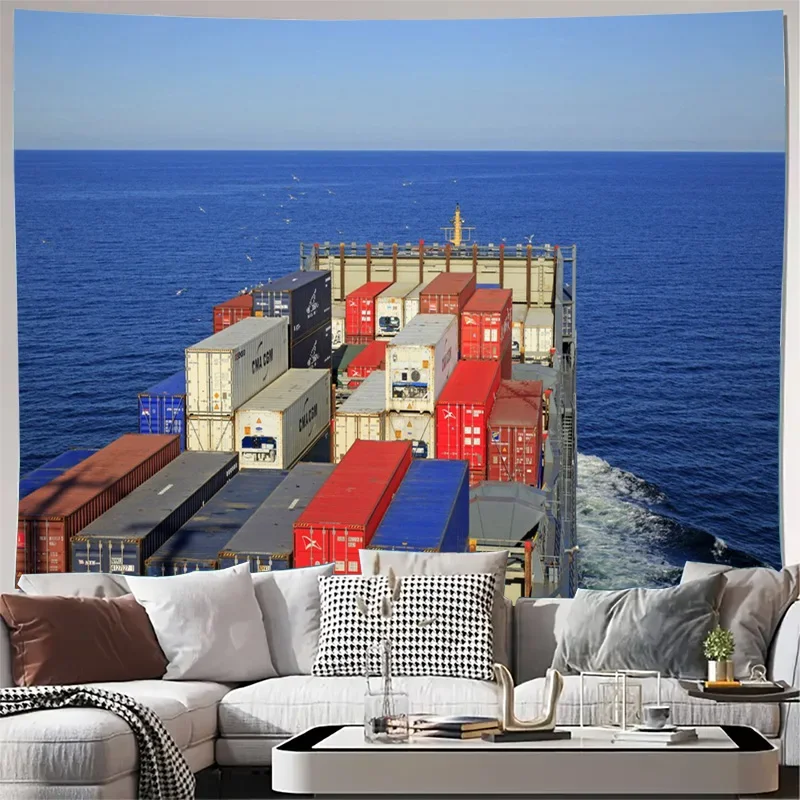Bohemian Nautical Shipping Container Tapestry Wall Hanging Art Ocean Decor Large Living Room Boho Coastal Cargo Port Theme Decor