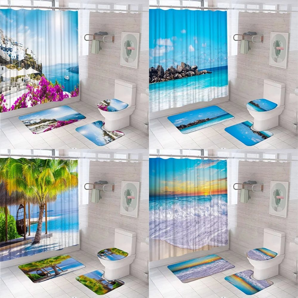 Seaside Scenery Bathroom Shower Curtains Set Tropical Ocean Beach Palm Tree Leaf Waves Home Decor Non-slip Bath Mat Toilet Rugs