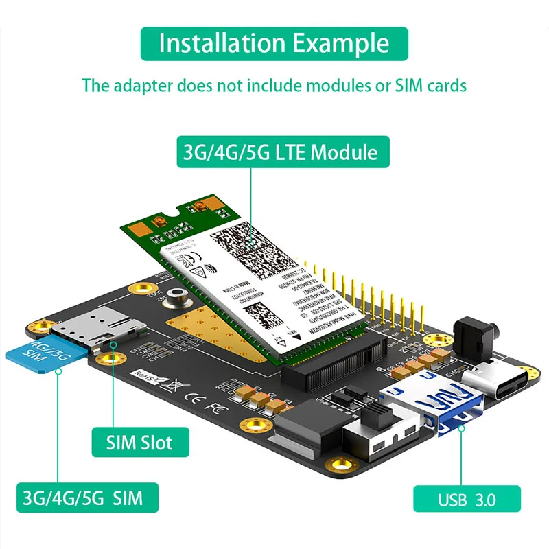 3G/4G/5G Base HAT M.2 B Key to USB3.0 Expansion Card with SIM Slot Support Raspberry Pi 4 for RM500Q RM500U GM800 SIM8200 Module