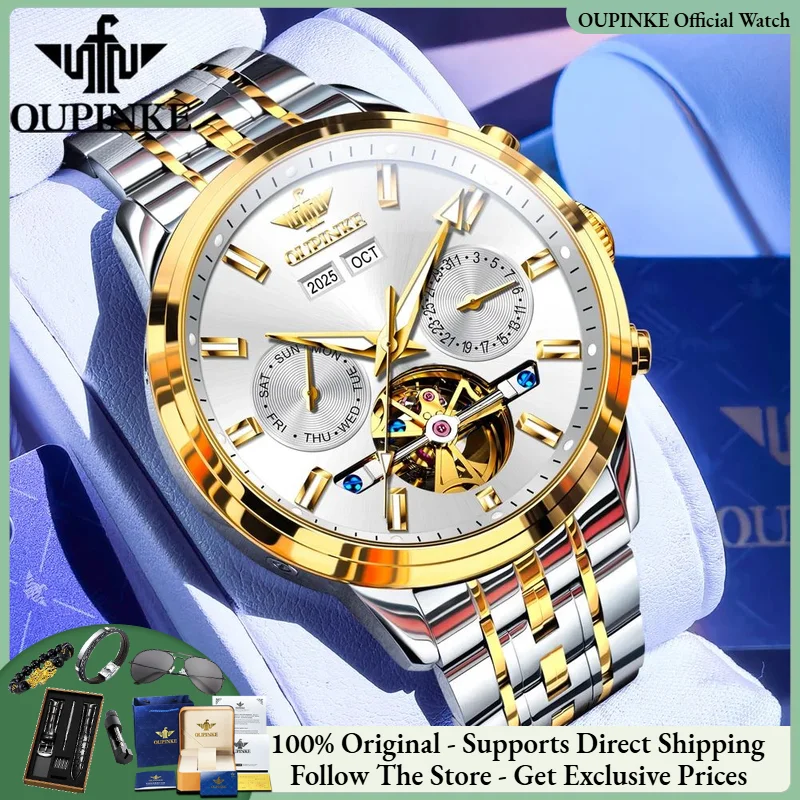 

OUPINKE 3296 Luxury Flywheel Automatic Mechanical Men Watch Fashion Business Calendar Hollow Watch Classic Waterproof Men Watch