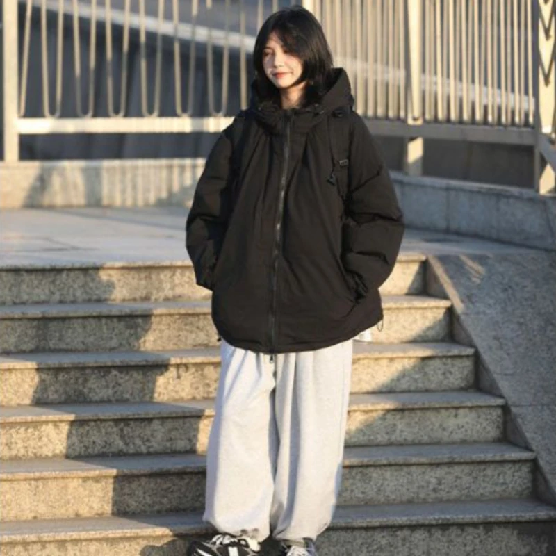 Preppy Padded Jacket Japan Style Thickened Plush Zipper Parkas Women's College Men's and Women's Warm Hooded Loose Winter Coat