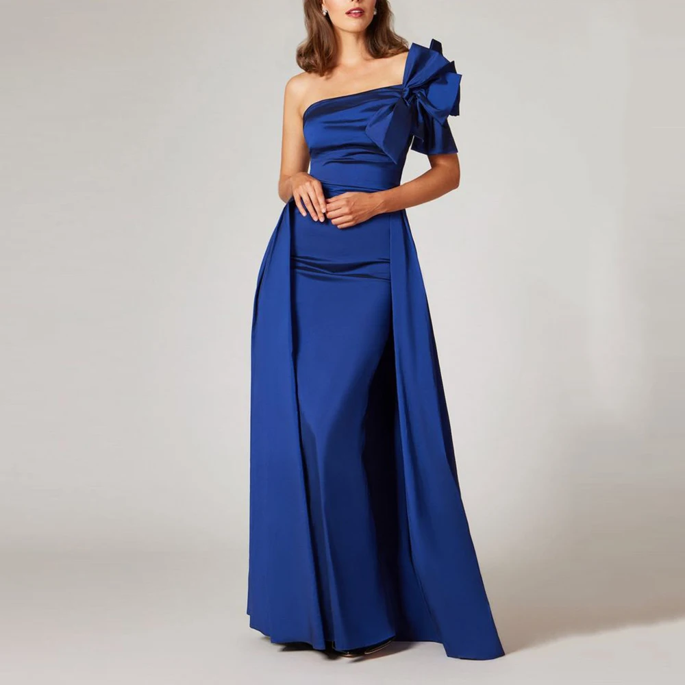 

Luxury Deep Blue Evening Dresses One Shoulder Bow Slim Long Straight Dresses Floor Length Ball Party Evening Banquet Growns