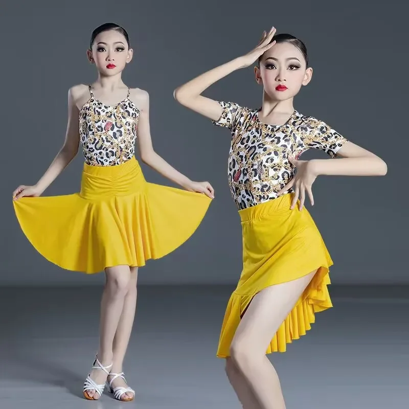 2024 New Kids Latin dance dress for competition girls leopard dad tanggo ballroom dancing dresses sexy salsa dancewear