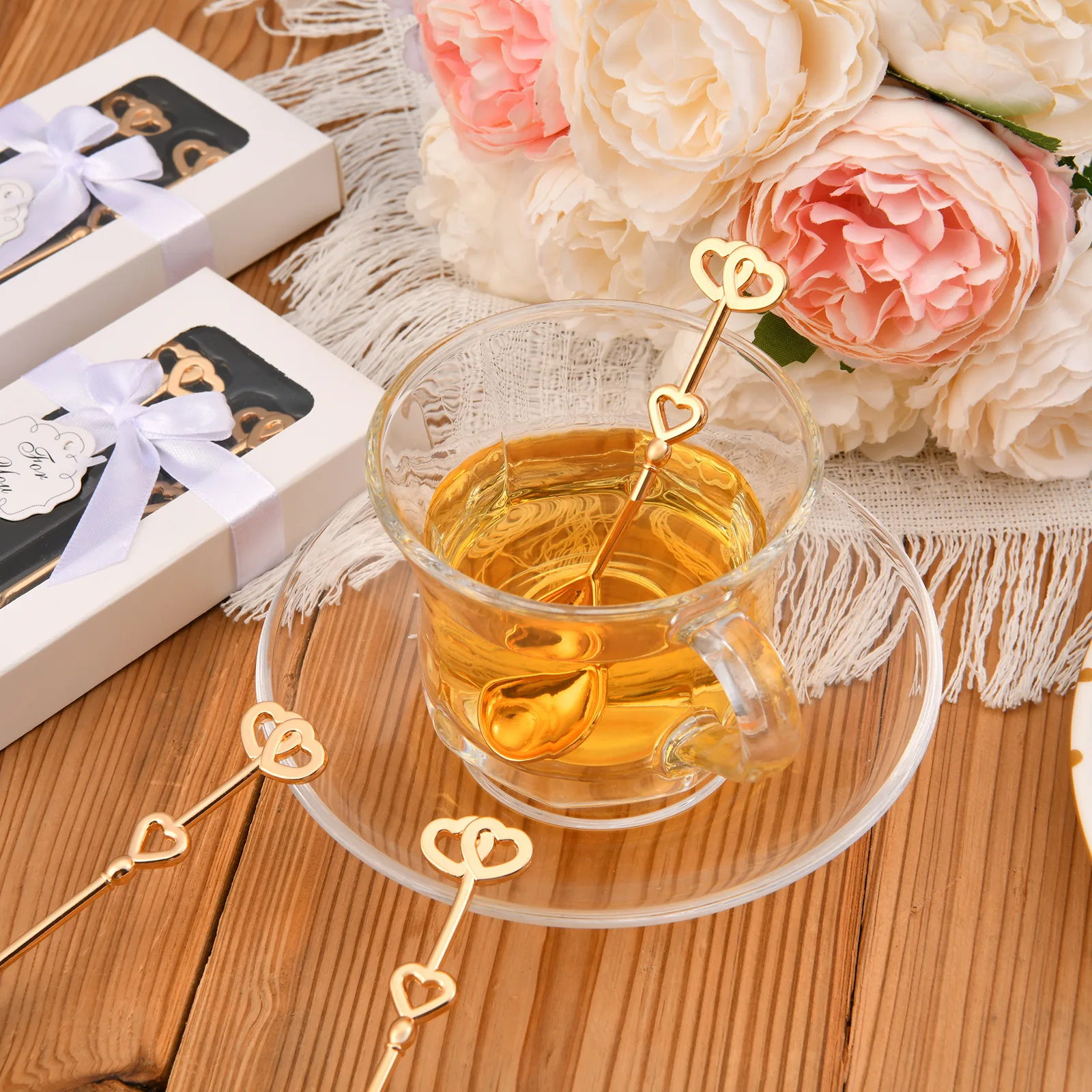 50Pcs/lot=25Sets Event and Party Decoration gift of Double Hearts Coffee Spoons gift for Gold Love Wedding favors