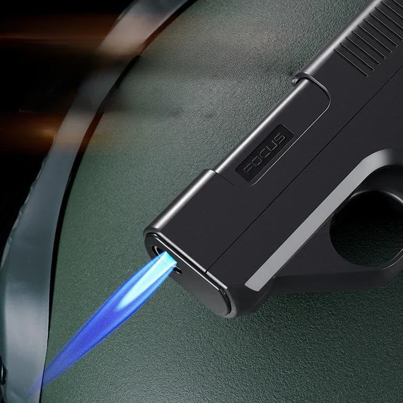 New pistol type butane gas lighter with three capacity cigarette holder, windproof spray blue flame direct flame lighter