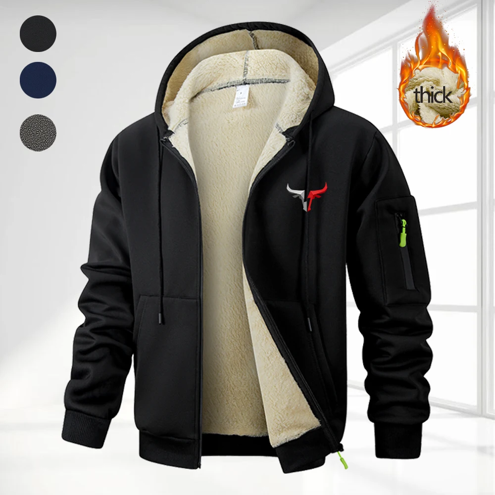 Men's Casual Zip Up Hoodies With Bull Head Logo Print Thickened Warm Jacket For Autumn Winter Daliy Streetwear Gym Commute