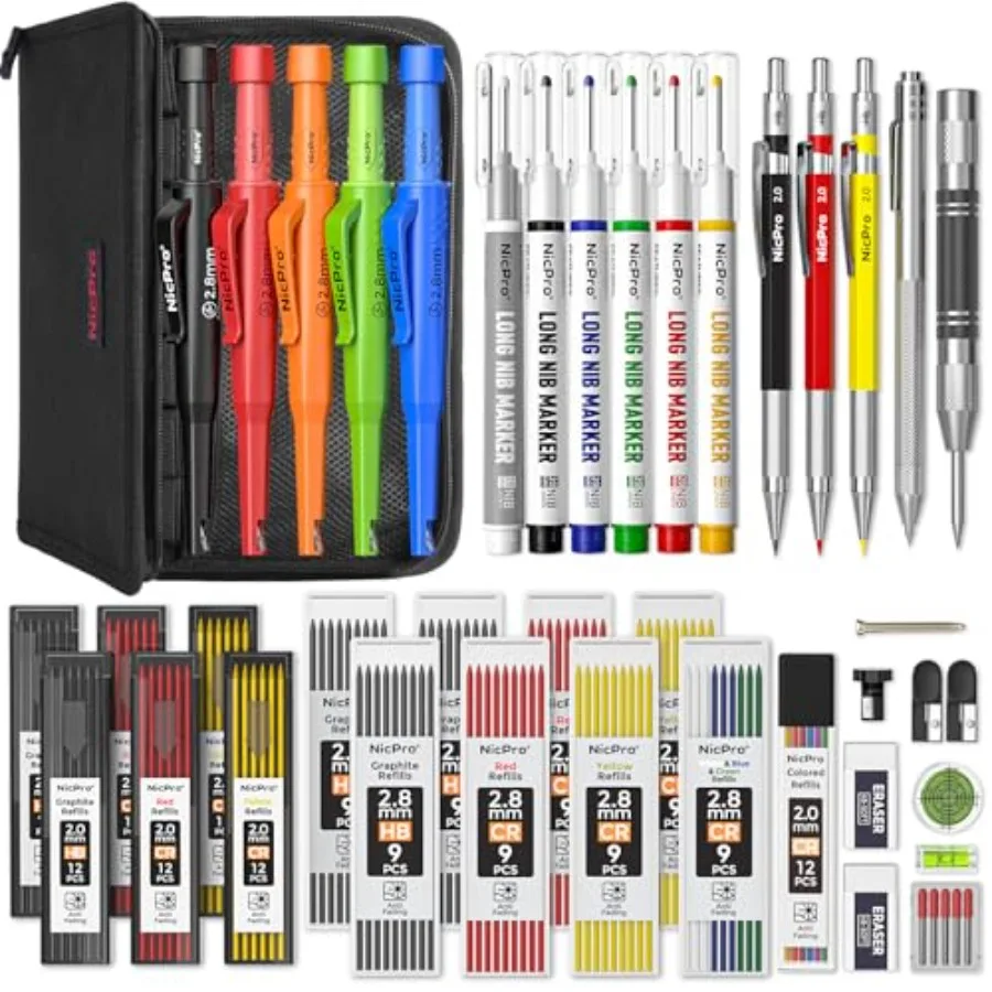 

CP3000 Carpenter Pencils with Sharpener Mechanical Carpenter Pencil set with 169PCS Refills Long Nib Marker Pens Carbide Scribe
