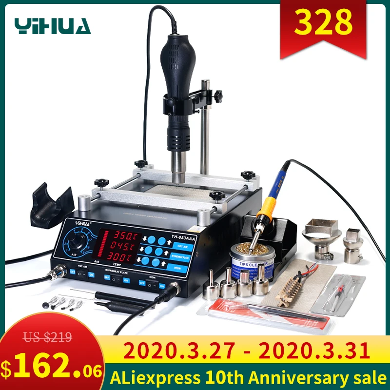 YIHUA 853AAA stasiun solder, Stasiun Las Preheater PCB 1350W stasiun solder pengerjaan ulang BGA besi solder stasiun pengelasan pistol panas