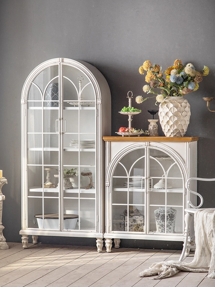 Cabinet Solid Wood Wall Display Cabinet Household Living Room Restaurant Storage Cabinet Multi layered White Arched Bookcase